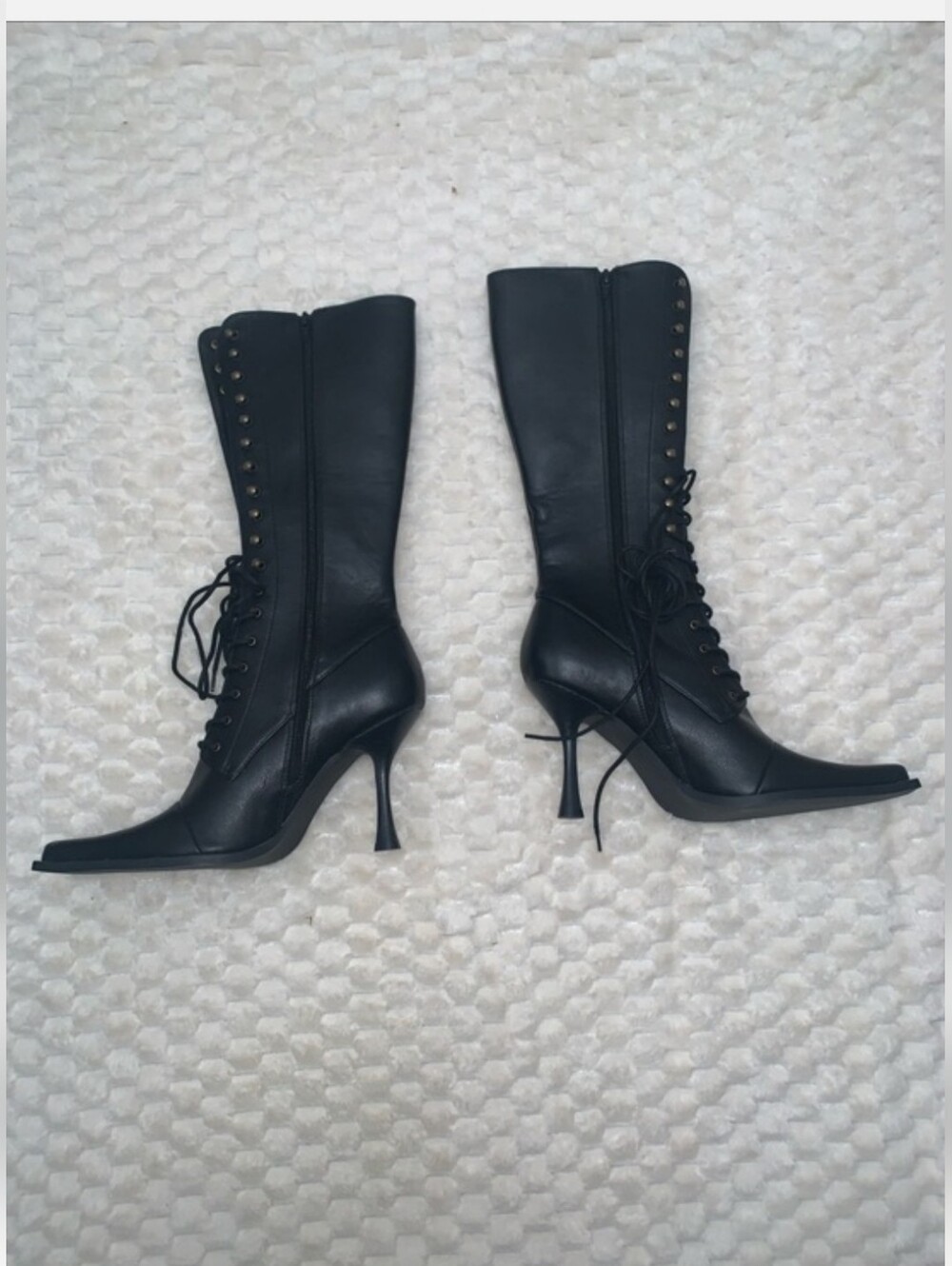 Dolls Kill Black Lace-Up Knee-High Heeled Boots with Gold Eyelets - Picture 4 of 11